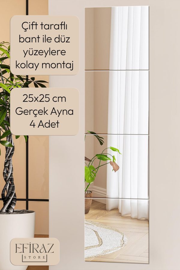 Dekoratif Boy Aynası - 4 Parçalı Kare Duvar Ayna Seti (25x25 cm)